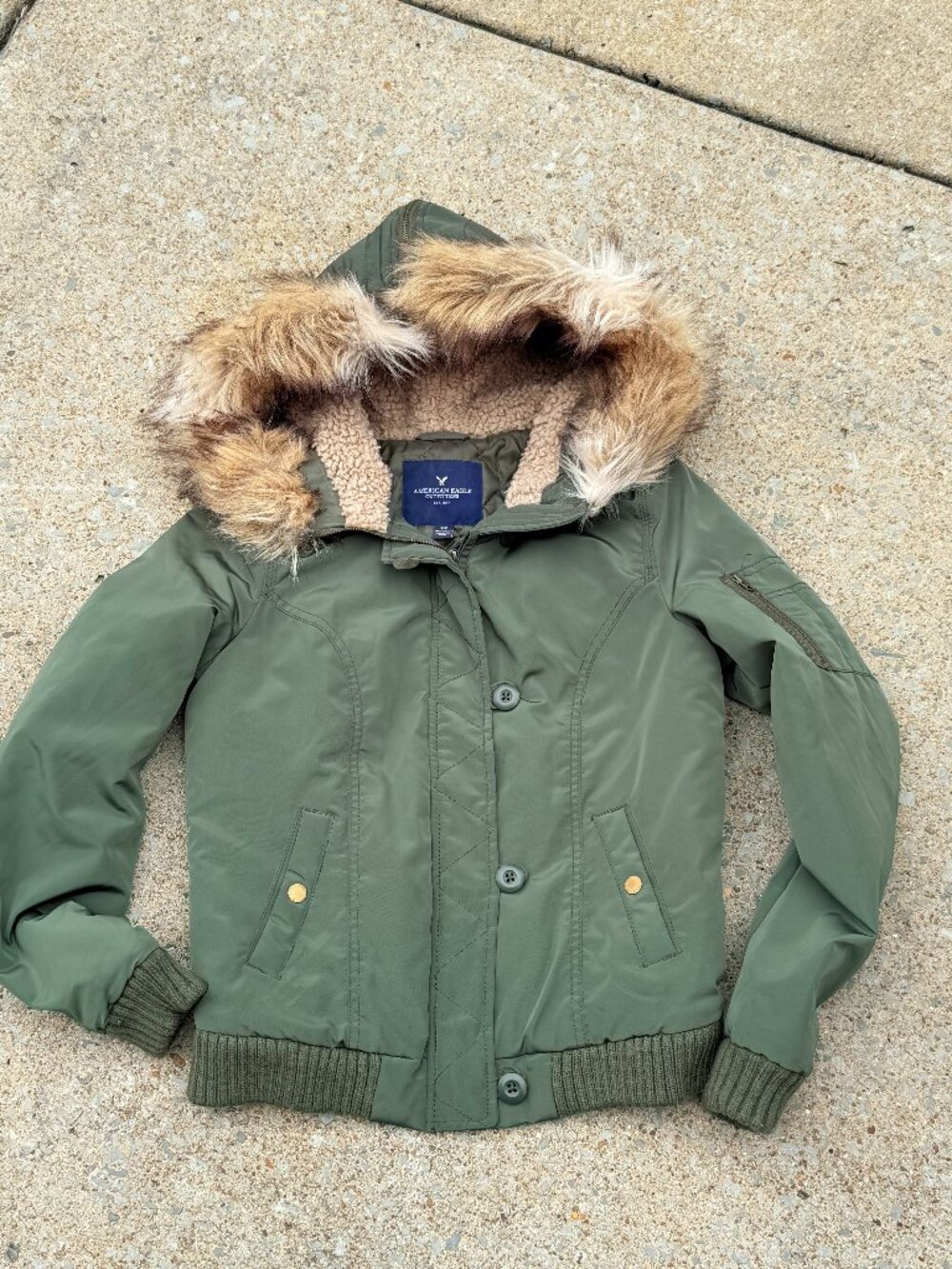 American Eagle Womens S Olive Green Faux Fur Bomber Jacket Y2K Utility Coat 4280
